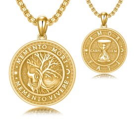 SIMONLY Gold Memento Mori Necklace for Men 925 Sterling Silver Tree of Life Pendant Necklace Gothic Skull Amor Fati Pendant Amulet Jewelry