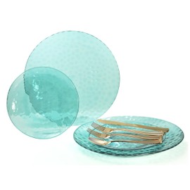 OCCASIONS 150pcs set (25 Guests)-Wedding Plastic Plates & cutlery -Disposable heavyweight Dinnerware 10'', 7'' + Gold Silverware w/double fork (Coastal Clear Blue)