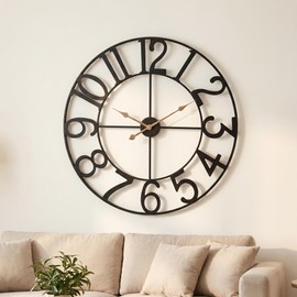 AMAATE Black Gold Cutout Numeral Metal Wall Clock Modern Industrial Decor