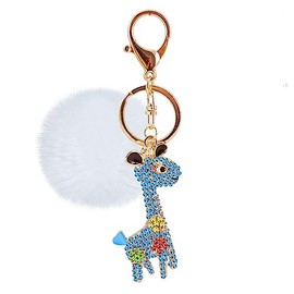 Tobestu Cute Giraffe Key Chain Animal Keychain Bag Car Hanging Clips Exquisite Bling Accessory with Pom Pom Pompom Ball Y2229 (dark blue)