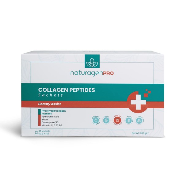 Naturagen Per Collagen Peptide Bag - 30 Bags - 8000 mg Collagen - 30-Day Use - Type 1 & 3 - With B1, B6, C, E Vitamins, Biotin, Hyaluronic Acid and Coenzyme Q10 - Sugar-Free and Gluten-Free