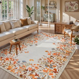 Wonnitar Fall Washable 8x10 Rug for Living Room, Soft Boho Floral Area Rug for Bedroom, Non Slip Dining Room Botanical Floor Carpet for Kids Nursery Playroom Guest Room (Orange,4'x6')