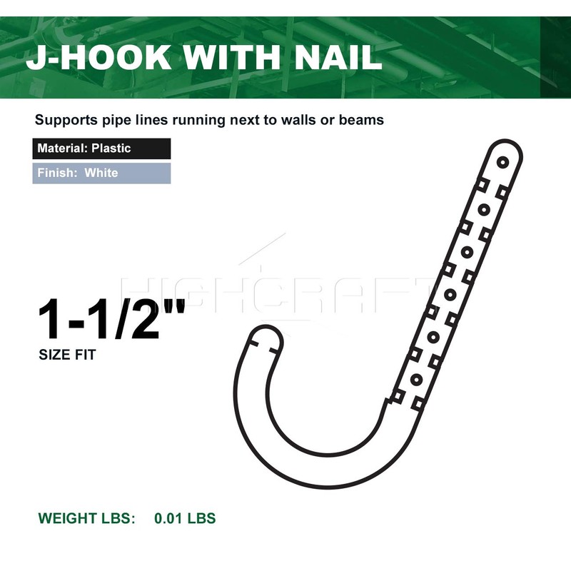 Highcraft PXJHNG112-10 PEX Support J-Hook Hanger with Nails; for 1-1/2