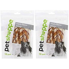 PET SHOPPE Triple Flavor Rawhide Twists Dog Treats. with Real Chicken, Porkhide and Beefhide (2-10 Packs)