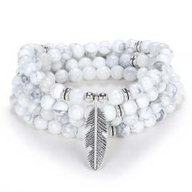 Feather Charm Zen Dear Mala Beads Yoga Inspirational Necklace 108 Durable Self Discovery Mala Prayer Beads Wrap Bracelet (White Howlite)