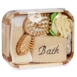 Luxury Bath Set 7 Piece Accessory Set with Exfoliating Tape - Cellulite Massage Brush - Hair Brush - Shower Sponge - Loofah Sponge - Foot Grater - Beautiful Wooden Box