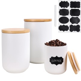 ZEBERBO Kitchen Canisters Set with Airtight Bamboo Lid, Ceramic Canister Set of 3, Sugar Flour Coffee Containers for Countertop, Food Storage Container Jars Set for Sugar Tea Flour Sugar Beans, White
