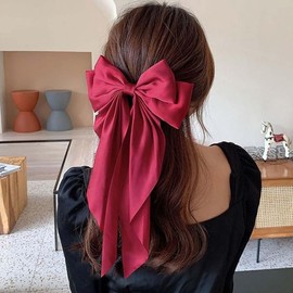 Atentuyi Vintage Red Satin Bow Clip Long Tail Bow Hair Clip Large Silk Bow Barrette Satin Ribbion Bow Hair Clip Large Bow Headpiece Retro Bowknot Accessories Women and Girls