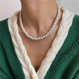 Inateannal Boho Pearl Necklace Choker Necklace White Pearl Necklace Choker Round Imitation Pearls Necklace Short Pearl Clavicle Necklace Pearl Wedding Necklace Jewellery for Women and Girls, Zinc, No