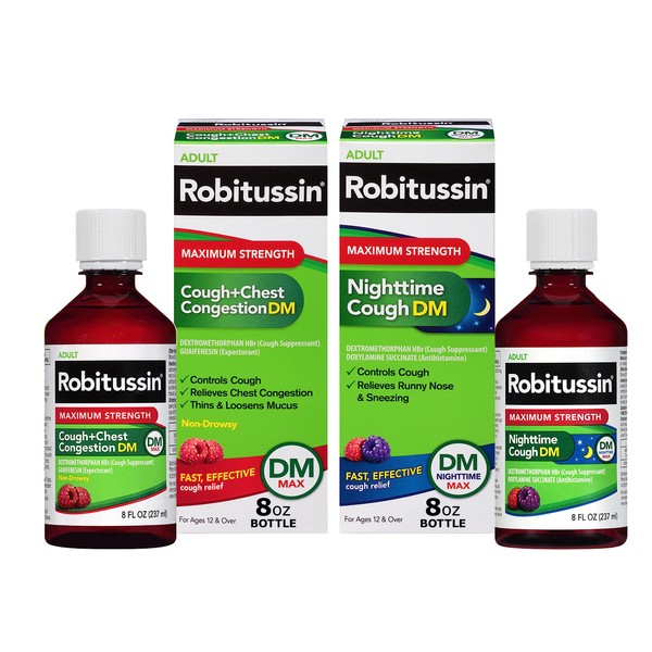 Robitussin DM Max Cough Plus Chest Congestion Maximum Strength Nighttime Cough DM, Adult Formulas - 2 x 8 Fl Oz Bottles