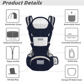 YSSKTC Baby Carrier Ergonomic Infant Carrier with Hip Seat Kangaroo Bag Soft Baby Carrier Newborn to Toddler 7-45lbs Front and Back Baby Holder Carrier for Men Dad Mom (Blue)