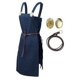 PROCOS Strappy Apron for Women Medieval Vintage Linen Lace Up Overdress with Retro Brooches and Belt Costume for Cospaly RenFaire (Small, blue)