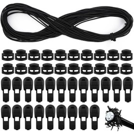 Plastic Cord Locks and Black Elastic Cord - 30m Thin Elastic Round Bungee Cord with 30 pcs Drawstring Locks, Spring Toggle Stoppers Fastener Slider, Shock Cord for Tent, Clothing, Backpack, etc