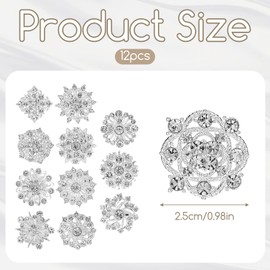 12 Pcs Crystal Rhinestone Flower Brooch Pins Set, Silver Brooch Pins for Women Alloy Wedding Bouquet Brooches for Women Fashion Crafts Embellishment Bridal Wedding Bouquet Kit