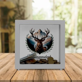 Waidmannsdank Deer in Mountain Backdrop Frame Wooden Money Box for Hunters Decorative Money Box with Saying - for Hunters and the Hunting Hut