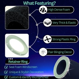 RhymKawa MV7 Pop Filter Replace for Shure MV7, MV7i, MV7+, MV7X, Microphone Windscreen Cover, Black with Bling Spakly Retainer Ring