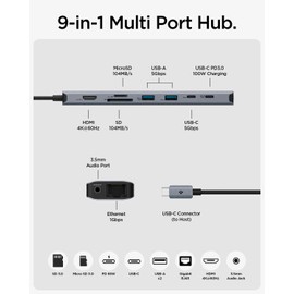 Spigen ArcDock USB C Hub, 9-in-1 100W PD 3.0 4K 60Hz HDMI Port 5Gbps USB C und 3 USB A Datenanschlüssen Ethernet Anschluss microSD/SD Kartenleser für MacBook Pro Air M1 M2 Steam Deck Dell XPS