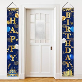Avezano Navy Blue and Gold Birthday Decorations Door Banner for Men Blue Happy Birthday Porch Signs Blue and Gold Birthday Party Props Decor for Outdoor Indoor Supplies