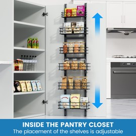 Purdaz Adjustable 6-Tier Over the Door Pantry Organizer, Spice Rack, Narrow Hanging Shelf for Kitchen Storage and Organization
