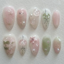 Medium Press on Nails Almond Fake Nails with Flower Pearl Patterns Design Glitter Glue on Nails White Acrylic Nails Press ons Almond False Nails Summer Artificial Stick on Nails for Women 24Pcs