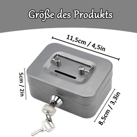 Small Cash Box, Silver Small Safe, 11.5 x 8.5 x 5 cm, Metal Locker Money Box with Key Lock, Lockable with Key, Money Bag, Cash Box with 2 Keys