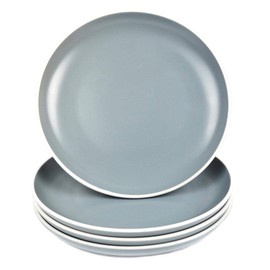 YöL Set of 4 Dinner Plates Tableware Round Dishes Solid Grey White Rim Stoneware