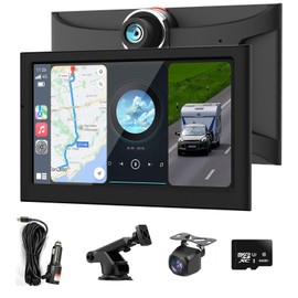 7” Wireless Carplay &Android Auto IPS Touch Screen, Portable Car Stereo with 4K Front Dash Cam + 1080p Backup Camera, Bluetooth/GPS Navigation/Mirror Link/Voice Control/Loop Recording with 64GB TFCard