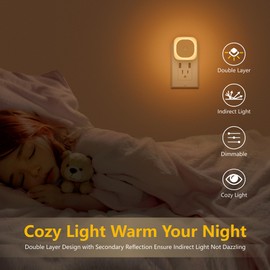 YUNLEX 2 Pack Plug in Night Light with Motion Sensor & Dusk to Dawn Sensor, 3 Sensor Modes, Dimmable Night Lights Plug into Wall, Amber Nightlight for Bathroom, Bedroom, Indoors, Kids, Adults