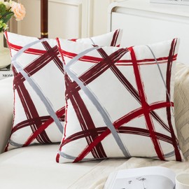 Jayusaror Red Cushion Cover, 50 x 50 cm, Velvet Grey Cushion Covers, Soft Sofa Cushion, Geometric Decorative Cushion, Modern Cushion Cover for Living Room, Sofa, Bedroom Decor, Set of 2