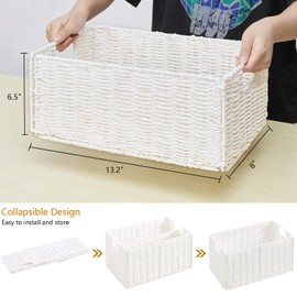 Vagusicc Wicker Storage Basket, Set of 2 Hand-Woven Paper Rope Wicker Basket, Small Storage Baskets for Organizing Toilet Paper Basket, Foldable Large Cube Storage Organizer Bins for Shelves (White)