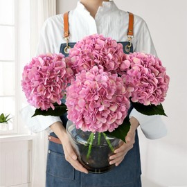 JINWOE 4pcs Pink Silk Hydrangea Fake Flowers,22" Artificial Flowers Bouquets Silk Faux Hydrangea Stems for Home Wedding Party Table Core Decoration (Pinkish Purple)