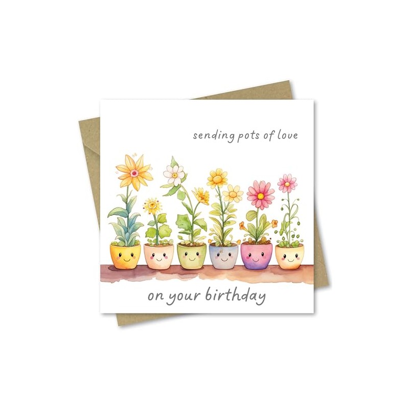 Birthday Card. Pots of Love Design. Card with Kraft Envelope.