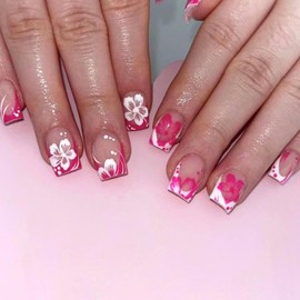Short Square Press on Nails White Rose Red French Nails Press ons Glossy False Nails with White Flower Design Glue on Nails Pink Full Cover Acrylic Fake Nails Artificial Stick on Nails for Girls 24Pcs