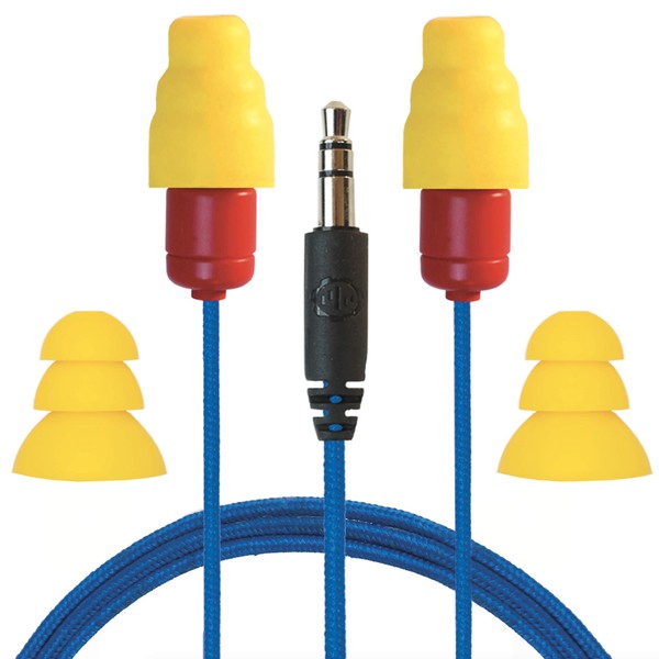 Plugfones Protector VL Audio Earbuds, OSHA Compliant Earplugs with Sound, Blue & Yellow
