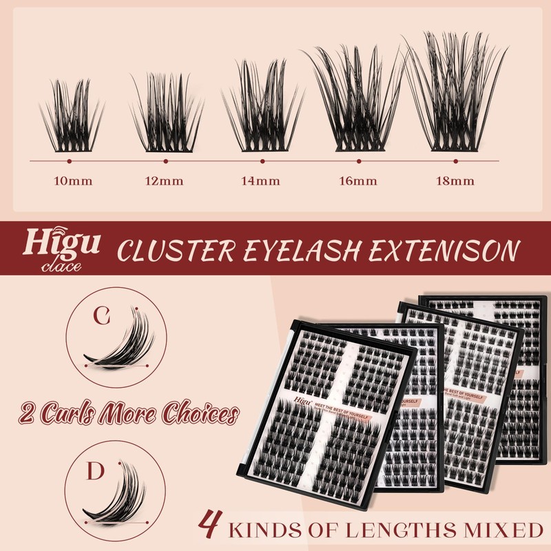 Higu clace Lash Clusters, 168pcs Individual False Eyelashes, Mix10-16mm C