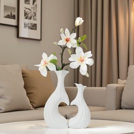 White Threaded Ceramic Vases for Home Decor, Heart Shaped Vase Set of 2, Pampas Grass Flowers Vase for Table Centerpiece, Living Dinning Room, Office House Decoration