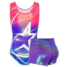 TENVDA Girls Gymnastics Leotards Matching Shorts Sets Size 4t 5t Metallic Sparkle Pink Purple Stars Tumbling Outfit Bodysuit