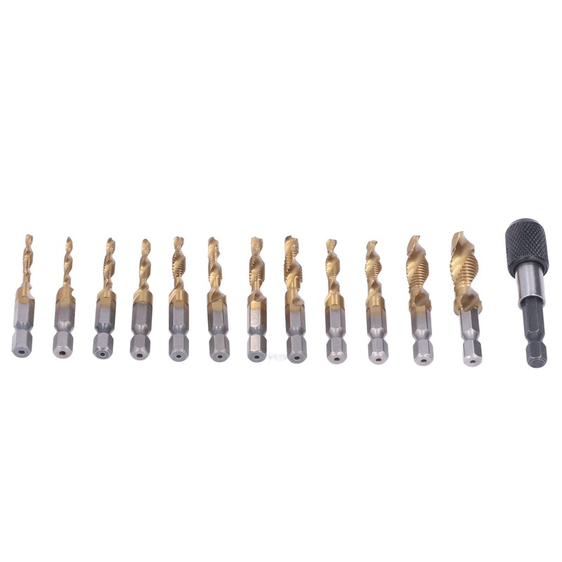 13Pcs/Set Combination Drill Tap High Speed Steel Titanium Plated Hex