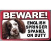 SCANDICAL BEWARE GUARD ENGLISH SPRINGER SPANIEL ON DUTY 5" X 8" HANGABLE PLASTIC SIGN NEW