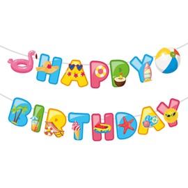 BOXOB Pool Happy Birthday Banner Set, Pre-Strung Summer Beach Party Banner Pool Party Birthday Decorations for Swimming Theme Celebration Supplies