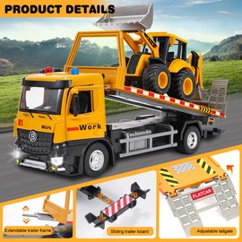 LTFIOON Tow Truck Toy, Friction Powered Tow Vehicle with Backhoe Loader, Metal/Plastic, Truck Toy Cars Vehicles with Light and Sound, Gift for Children 3 4 5 6 7 Years