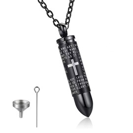 [LinnWell] Men's Necklace, Bullet Necklace, Ashes Necklace / Urn Necklace, Bible Cross Necklace, Stainless Steel Necklace, Restoration Keepsake, Cremation, Managon, Amulet