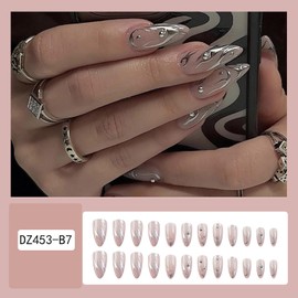 Press on Nails Medium Almond Shape-Glossy Full Cover Acrylic Pointed Almond Pearl False Nails with Silver Line Designs Artificial Fake Nails with Charms Glue ons Nails Stick on Fingernails for Women