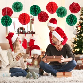 Minicoco Christmas Decoration Set, 8PCS Red Green Reusable Tissue Paper Pom Poms Honeycomb Balls for Xmas Christmas Party Winter Festival New Year Home Party Decoration