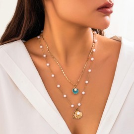 Roe Dolph Seashell Necklace for Women Starfish Sea Shell Charm Necklace Puka Shell Surfer Necklace Beach Vacation Essentials Summer Outfits for Women 2025