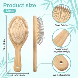 12 Pcs Bamboo Paddle Hair Brush with Steel Bristles for Anti-Static