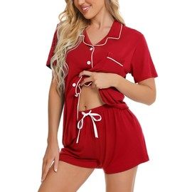 SWOMOG Pajama Sets for Women 2 Piece Button Up Pjs Short Sleeve Sleepwear Postpartum Modal Loungewear Christmas Short Pyjamas, Red M