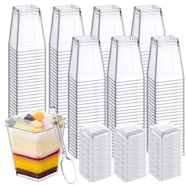 200 Pack Mini Dessert Cups with Spoons and Lids, 5 Oz Square Mini Clear Parfait Cups, Shooters Cups for Party, Clear Yogurt Parfait Cups for Pudding, Fruit, Mousse, Snacks & Appetizers