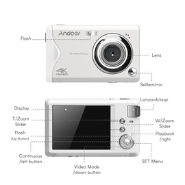 Andoer 3.0-inch TFT Portable 4K Digital Camera 48MP 16X Zoom Auto Focus Self-Timer Face Detection Anti-shaking with 2pcs Batteries Hand Strap Great Gift for Childeren