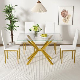 47In Modern Glass Dining Table for 2 3 4 People w/Tempered Glass Tabletop and Adjustable Leg,Rectangular Kitchen Table for Small Spaces Dining Room Living Room,Gold